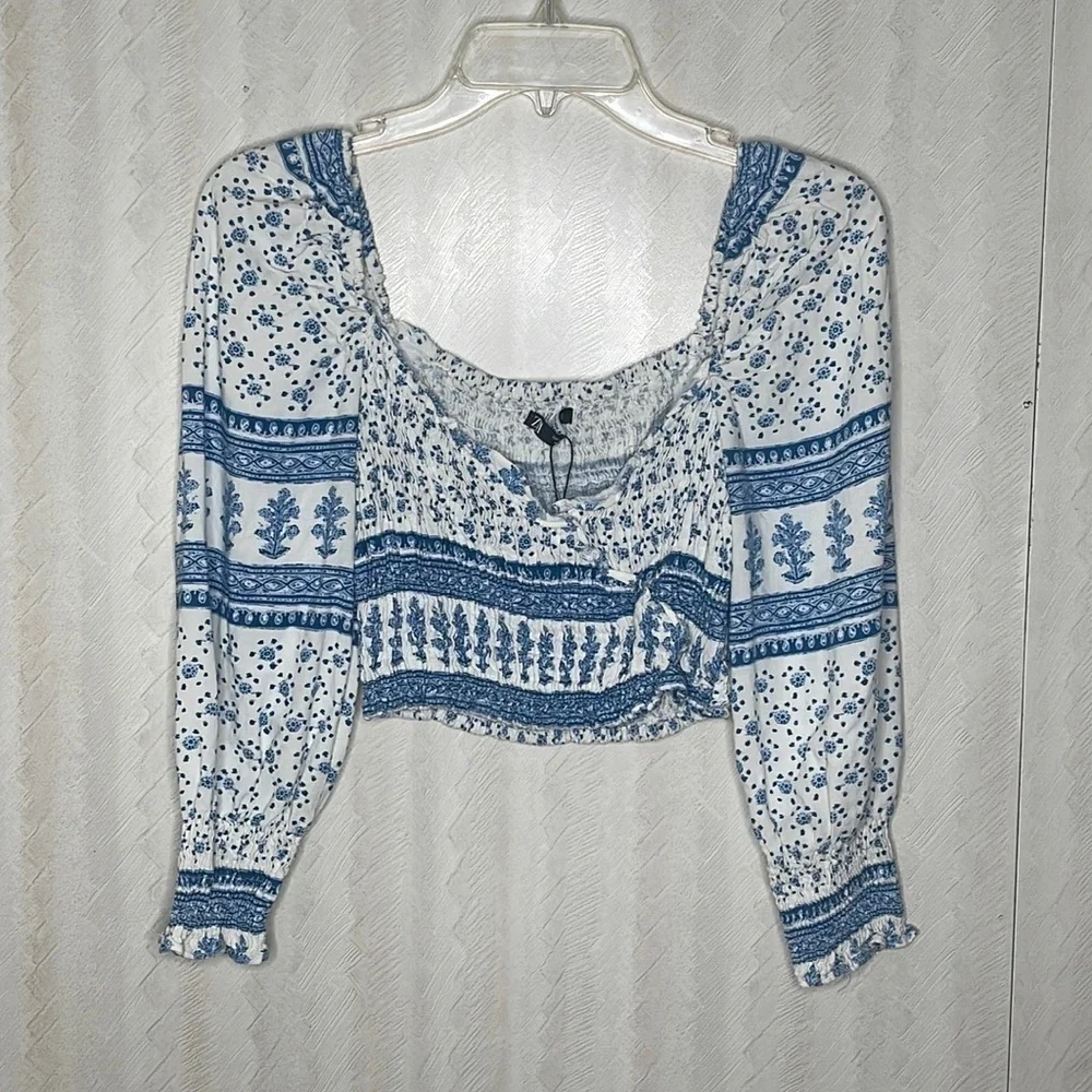 ZARA ruched printed cropped long sleeve Blouse Size S